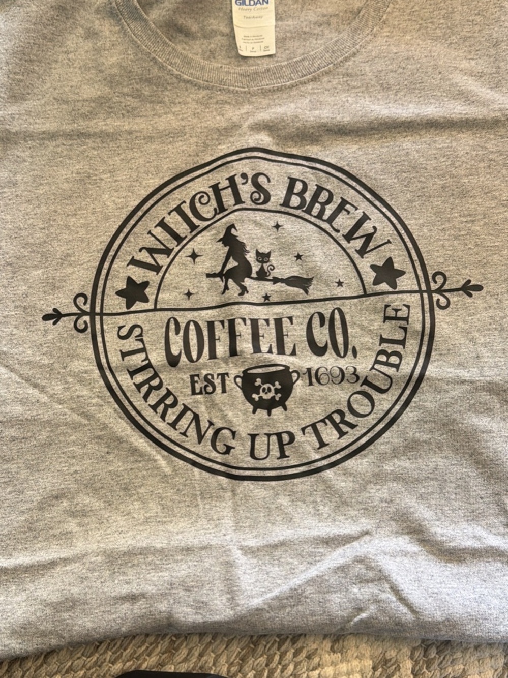 Gildan Gray Tee with Black 'Witch's Brew Coffee Co.' Graphic